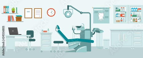 Dental office concept in flat style. Hospital interior with dentist workplace - chair, equipment, instruments.