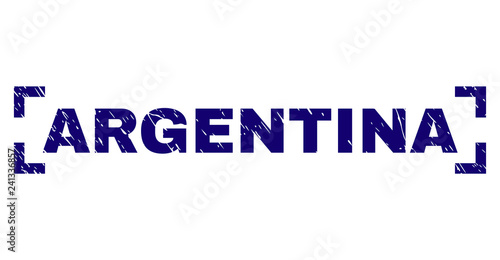 ARGENTINA text seal print with grunge texture. Text title is placed between corners. Blue vector rubber print of ARGENTINA with corroded texture.