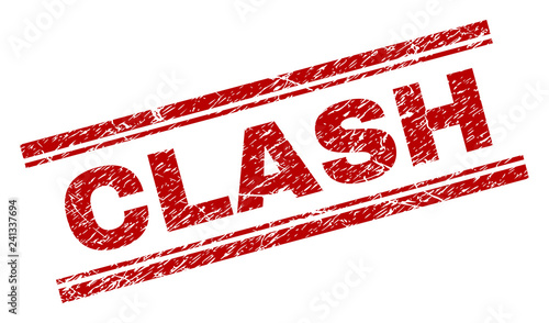 CLASH seal print with grunge effect. Red vector rubber print of CLASH title with unclean texture. Text title is placed between double parallel lines.
