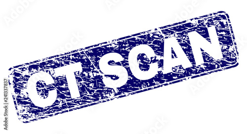 CT SCAN stamp seal print with distress style. Seal shape is a rounded rectangle with frame. Blue vector rubber print of CT SCAN title with dirty style.