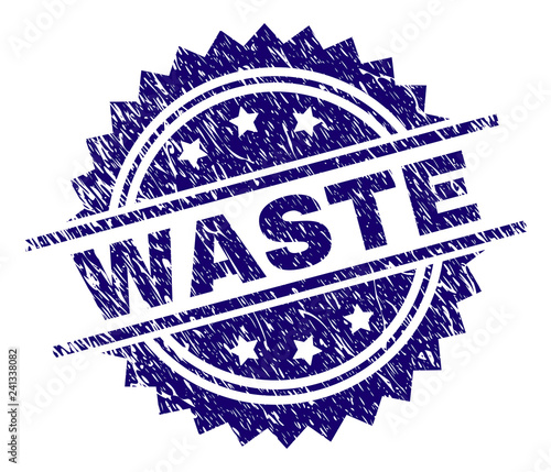 WASTE stamp seal watermark with distress style. Blue vector rubber print of WASTE caption with retro texture.