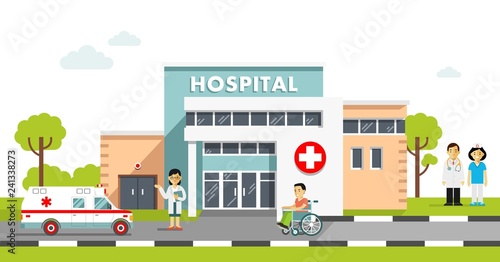 Medical concept with hospital building and doctor in flat style. Panoramic background with hospital building, doctors, nurses, disabled man in wheelchair and ambulance car in flat style