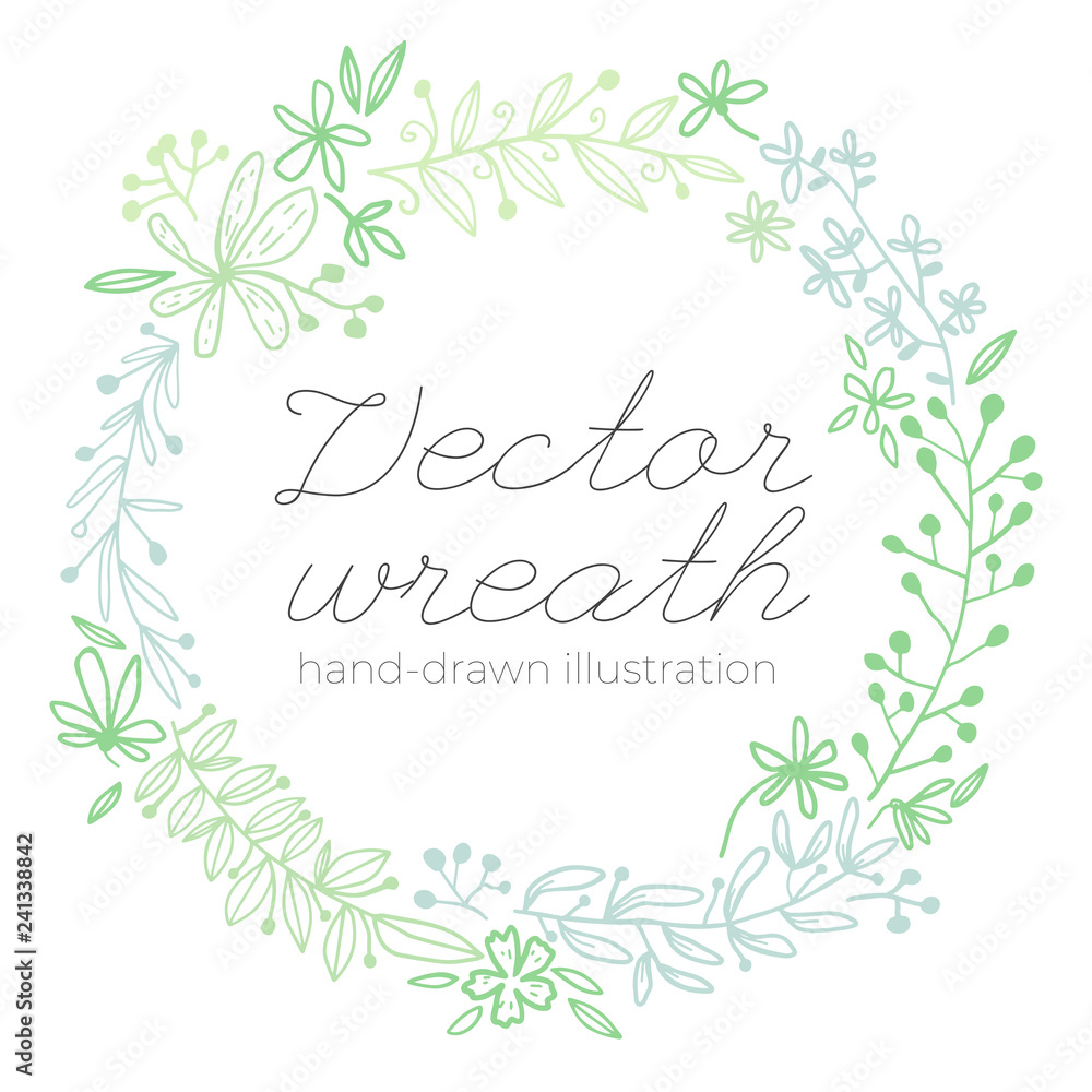 Wreath vector hand drawn illustration. Green floral circle frame for wedding invitation, logo Wreath vector hand drawn illustration. Green floral circle frame for wedding invitation, logo