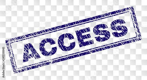 ACCESS stamp seal imprint with rubber print style and double framed rectangle shape. Stamp is placed on a transparent background. Blue vector rubber print of ACCESS caption with scratched texture.