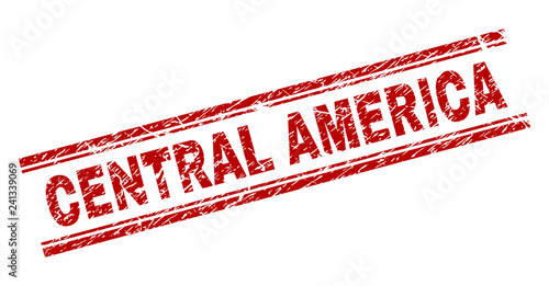CENTRAL AMERICA seal imprint with corroded texture. Red vector rubber print of CENTRAL AMERICA text with unclean texture. Text tag is placed between double parallel lines.