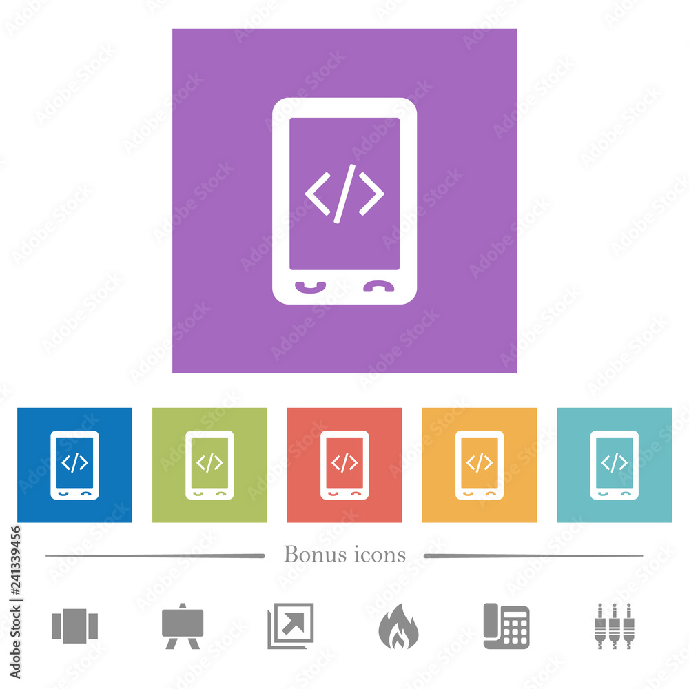 Mobile scripting flat white icons in square backgrounds Mobile scripting flat white icons in square backgrounds