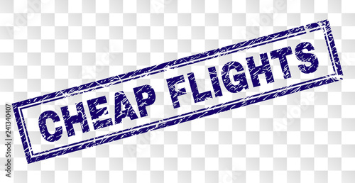 CHEAP FLIGHTS stamp seal print with rubber print style and double framed rectangle shape. Stamp is placed on a transparent background.