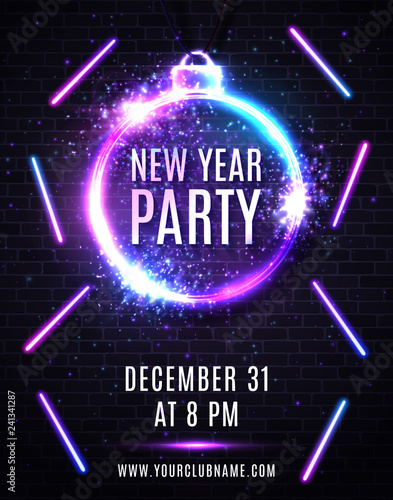 New Years eve party poster. Christmas decoration shaped frame. Circle sparkle silver sign with neon text design. New Year light flyer with multicolored led light lines. Decorative vector illustration.