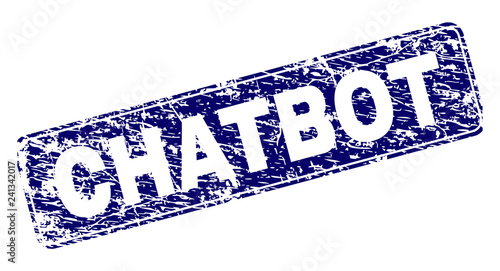 CHATBOT stamp seal print with distress texture. Seal shape is a rounded rectangle with frame. Blue vector rubber print of CHATBOT title with unclean texture.