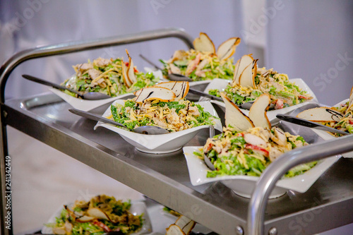 Salads on a cart for spreading close-up
