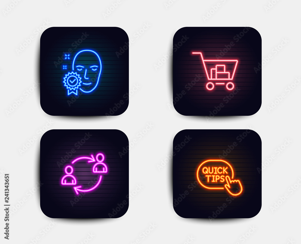 Neon glow lights. Set of Internet shopping, Face verified and User communication icons. Quick tips sign. Cart with purchases, Access granted, Human resources. Helpful tricks. Neon icons. Vector Neon glow lights. Set of Internet shopping, Face verified and User communication icons. Quick tips sign. Cart with purchases, Access granted, Human resources. Helpful tricks. Neon icons. Vector