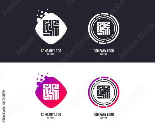 Logotype concept. Circuit board sign icon. Technology scheme square symbol. Logo design. Colorful buttons with icons. Vector