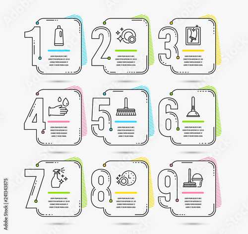 Infographic timeline set of Window cleaning, Washing cleanser and Shampoo icons. Dishwasher timer, Rubber gloves and Plunger signs. Vector