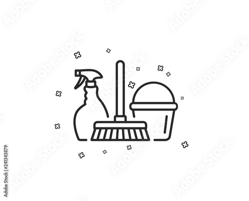 Cleaning service line icon. Spray, bucket and mop symbol. Housekeeping equipment sign. Geometric shapes. Random cross elements. Linear Household service icon design. Vector