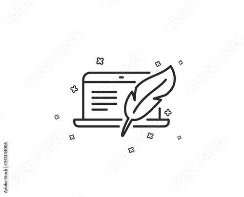 Copywriting notebook line icon. Ð¡opyright feather sign. Media content symbol. Geometric shapes. Random cross elements. Linear Copyright laptop icon design. Vector
