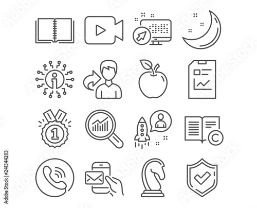 Set of Startup, Data analysis and Copyright icons. Report document, Book and Marketing strategy signs. Video camera, Messenger mail and Approved symbols. Developer, Magnifying glass, Copywriting book