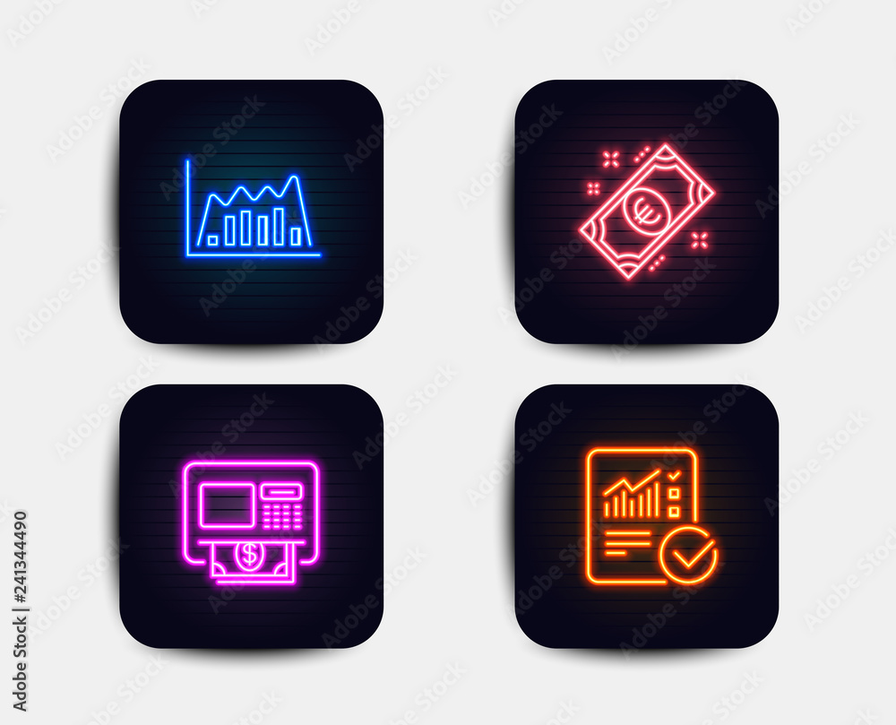 Neon set of Infographic graph, Atm and Euro money icons. Checked calculation sign. Line diagram, Money withdraw, Cash. Statistical data. Neon icons. Glowing light banners. Vector