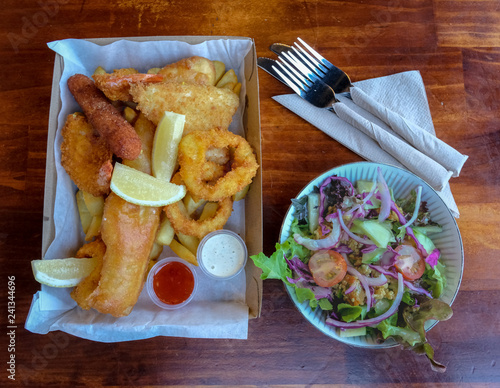 Fish chips and salad photo