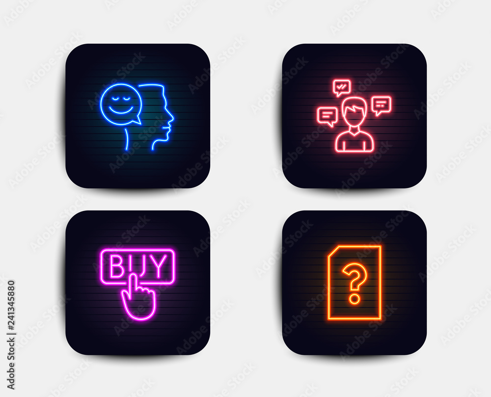 Neon glow lights. Set of Buying, Conversation messages and Good mood icons. Unknown file sign. E-commerce shopping, Communication, Positive thinking. Doc with question mark. Neon icons. Vector Neon glow lights. Set of Buying, Conversation messages and Good mood icons. Unknown file sign. E-commerce shopping, Communication, Positive thinking. Doc with question mark. Neon icons. Vector