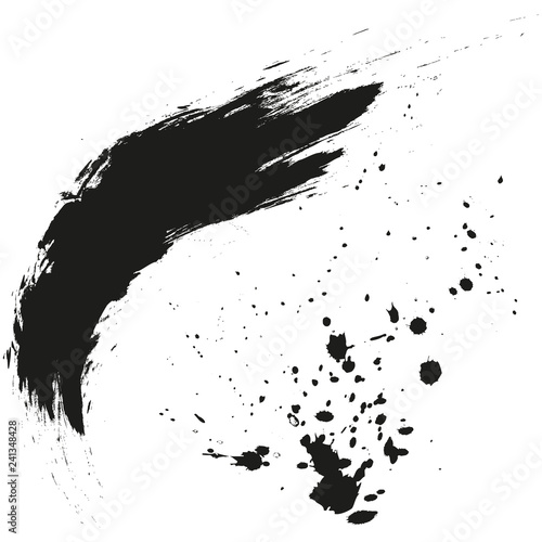 Paint splatter background. Grunge distress calligraphy ink stains. Black ink blow explosion. Splatter background. Spray paint drops. Vector illustration.