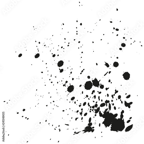 Paint splatter background. Grunge distress calligraphy ink stains. Black ink blow explosion. Splatter background. Spray paint drops. Vector illustration.