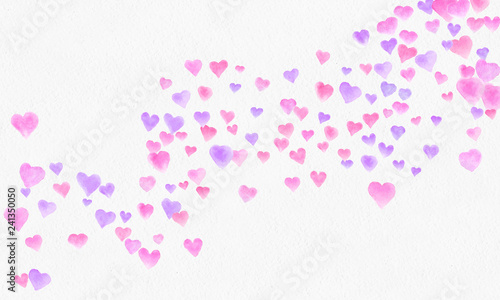 Heart shapes watercolor background. Romantic Confetti splash. Background with Heart Confetti. Falling red and pink paper hearts. Greeting wedding card. February 14. illustration.   © Free Ukraine&Belarus