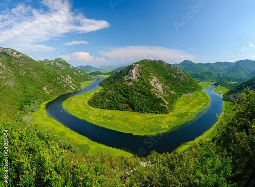 River bend of the river Rijeka Crnojevica, view from the viewpoint Pavlova Strana, national park Skutarisee, near Cetinje, Montenegro, Europe photo