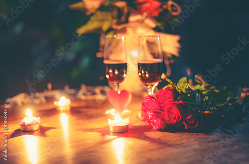 Fototapeta Valentines dinner romantic love concept Romantic table setting decorated with Re