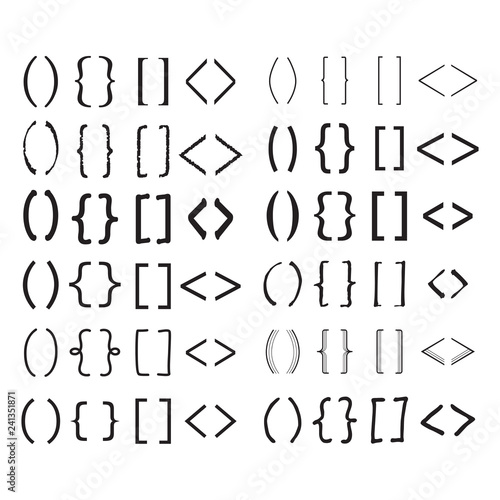 Black opening and closing pairs all different types of brackets fonts and punctuation marks icons set on white background