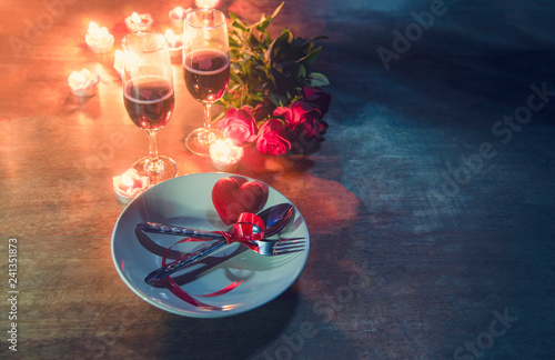 Fotografie, Obraz Valentines dinner romantic love concept Romantic table setting decorated with Re
