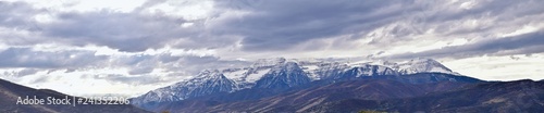 Panoramic Landscape view from Kamas and Samak off Utah Highway 150  view of backside of Mount Timpanogos near Jordanelle Reservoir in the Wasatch back Rocky Mountains  and Cloudscape. America.