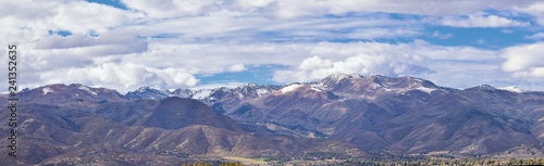 Panoramic Landscape view from Kamas and Samak off Utah Highway 150, view of backside of Mount Timpanogos near Jordanelle Reservoir in the Wasatch back Rocky Mountains, and Cloudscape. America. © Jeremy