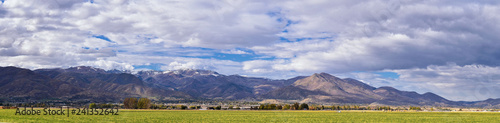 Panoramic Landscape view from Kamas and Samak off Utah Highway 150, view of backside of Mount Timpanogos near Jordanelle Reservoir in the Wasatch back Rocky Mountains, and Cloudscape. America. photo
