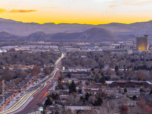City of Sparks, Nevada, cityscape long exposure photograph at sunset. photo