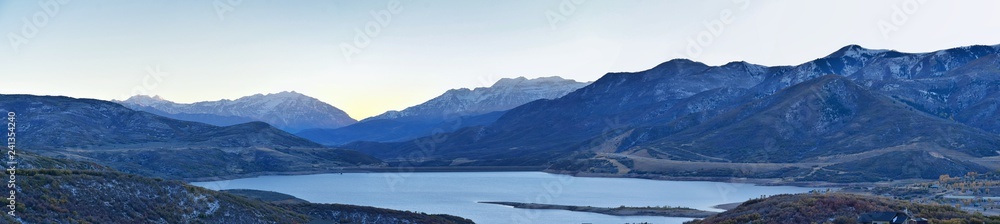 Panoramic Landscape view Jordanelle Reservoir off Utah Highway 248, in the Wasatch back Rocky Mountains, and Cloudscape. America.