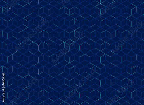 Abstract cube pattern on dark blue background. Digital geometric lines square mesh.