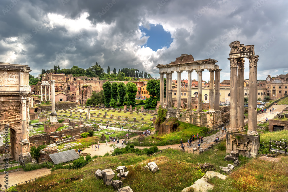 The ancient ruins of Rome in Italy in a cloudy day