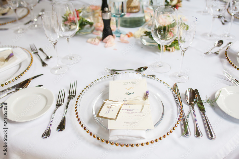 Fototapeta premium table setup, wedding guest table, reception layout