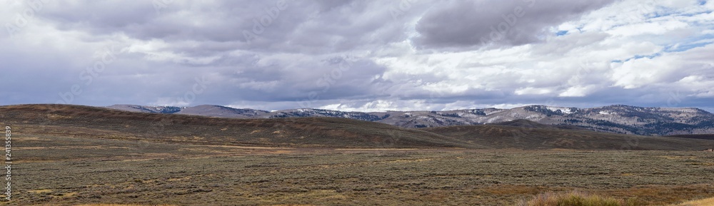 Strawberry Reservoir Bay in Fall, panorama forest views along Highway 40 near Daniels Summit between Heber and Duchesne in the Uinta Basin, Utah, USA. Strawberry Reservoir Bay in Fall, panorama forest views along Highway 40 near Daniels Summit between Heber and Duchesne in the Uinta Basin, Utah, USA.