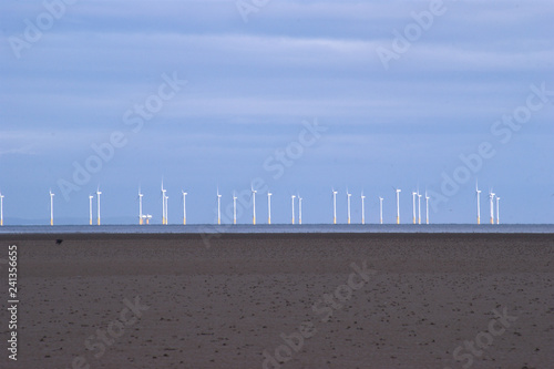 Offshore wind turbines on the Solway coast, Southerness, Dumfries, Scotland.