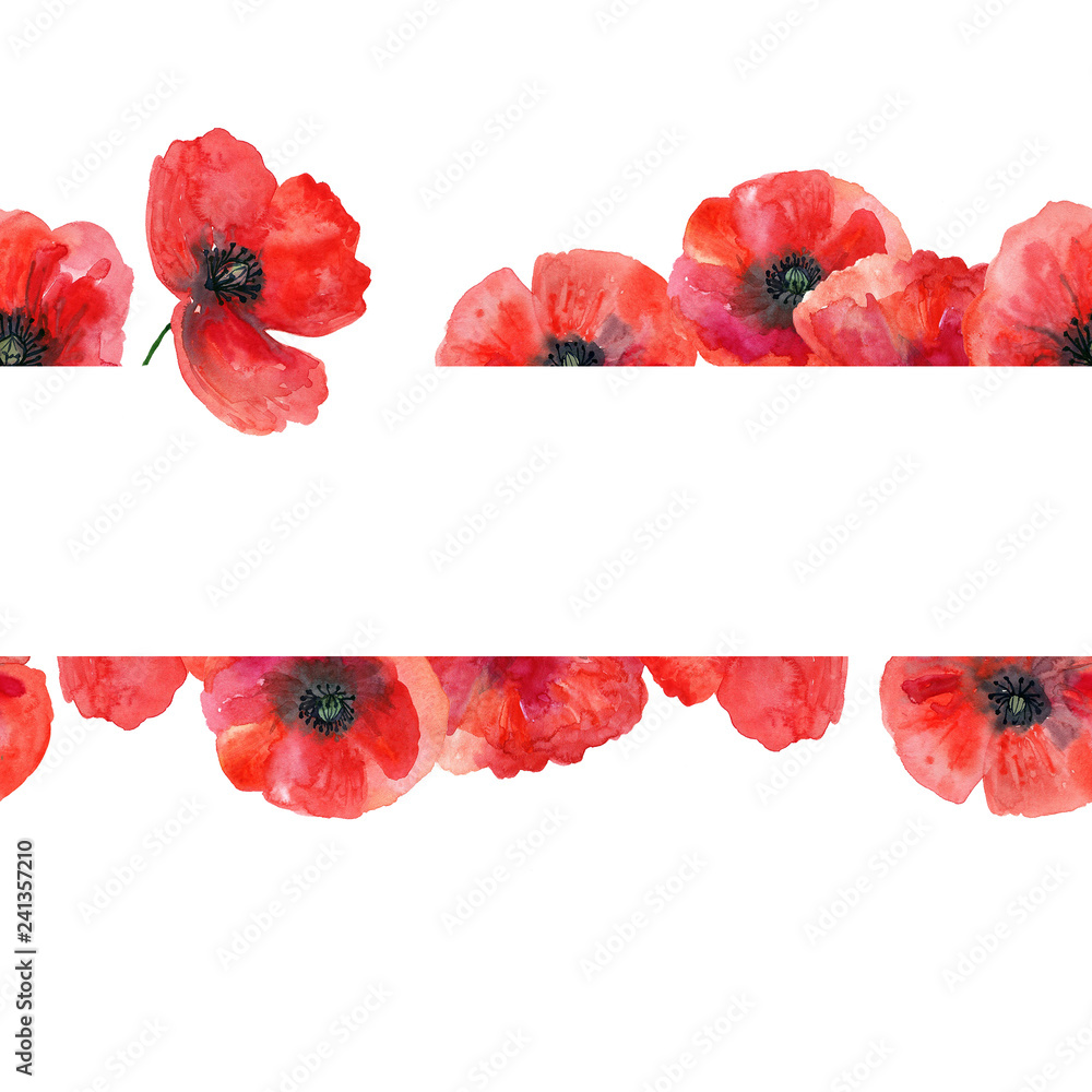 Seamless watercolor template with poppies. Hand drawn watercolor illustration. Isolated on white background. - obrazy, fototapety, plakaty 