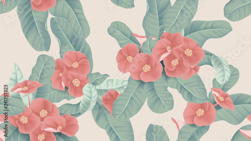 Fototapeta Naklejka Na Ścianę i Meble -  Botanical seamless pattern, red Euphorbia milii flowers and leaves on light brown background, pastel vintage theme