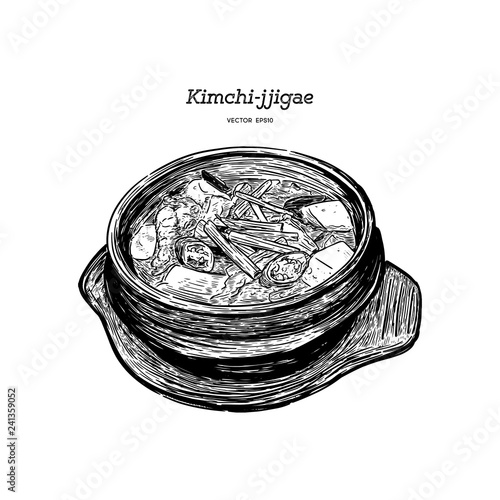 Korean traditional Kimchi soup in a clay pot , Hand draw sketch vector.