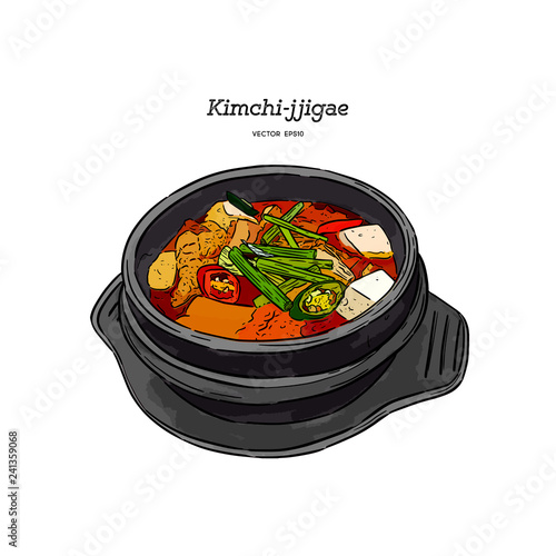 Korean traditional Kimchi soup in a clay pot , Hand draw sketch vector.