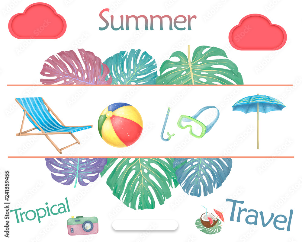 Summer beach objects ball, mask diving, umbrella . Summertime illustration. Watercolor brush, clip art travel kit on white background Summer beach objects ball, mask diving, umbrella . Summertime illustration. Watercolor brush, clip art travel kit on white background
