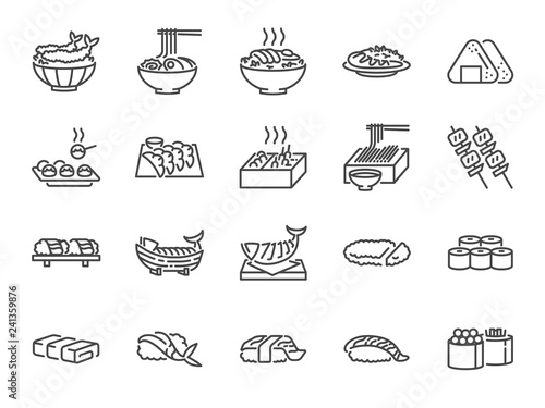 Japanese food line icon set 1. Included the icons as sushi, sashimi, maki, sushi roll, Tonkatsu and more.