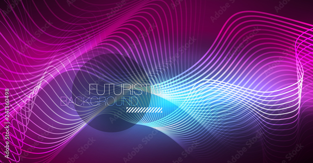 Abstract shiny glowinng color wave design element on dark background - science or technology concept Abstract shiny glowinng color wave design element on dark background - science or technology concept