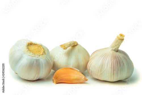 Isolated Garlic (Allium sativum) has many medicinal properties and can be used for ingredient food. on white background and clipping path.