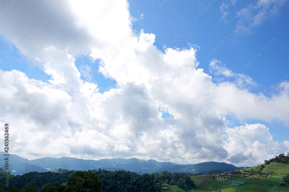 Beautiful landscape on mountain with sky and cloud, peace and relaxation, Beautiful nature to make our mind calm, Mist and green mountains in the background, copy space, Doi Chiang Dao at Thailand
