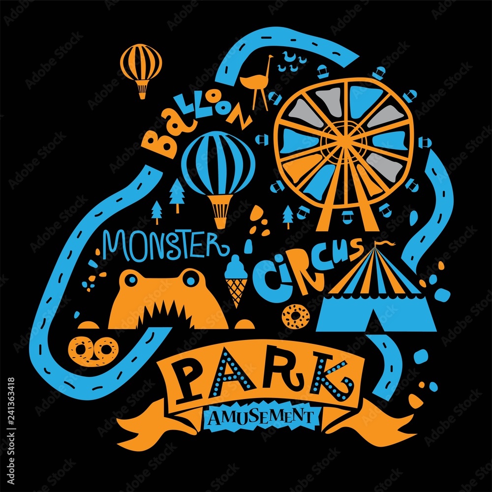 Amusement Park for the whole family, attractions and walking paths, pond, and ice cream, coffee, Ferris wheel, balloon